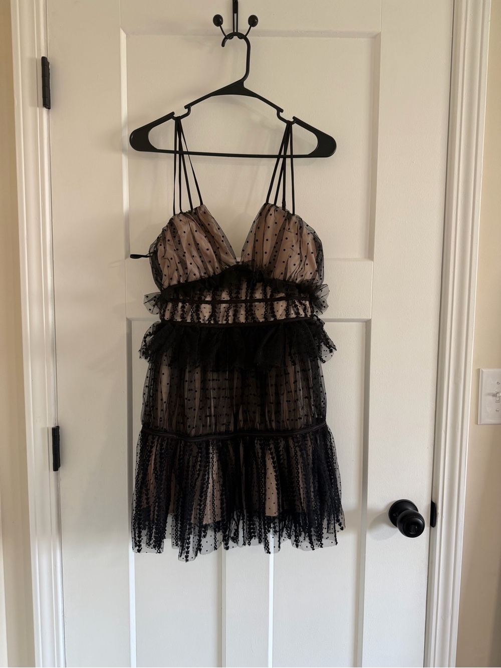 NWT Hello Molly Black Sheer Tulle Polka Dot Tiered Lace Mini Dress Size 4 - Picture 2 of 6